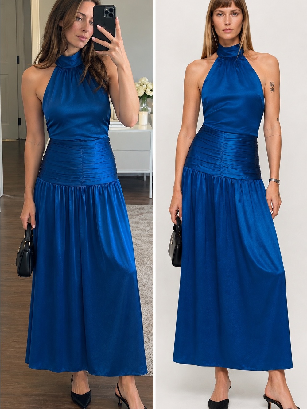 NEW Reformation Zaria Silk Dress Halter Ruched Ankle Maxi Cobalt Blue Size 0